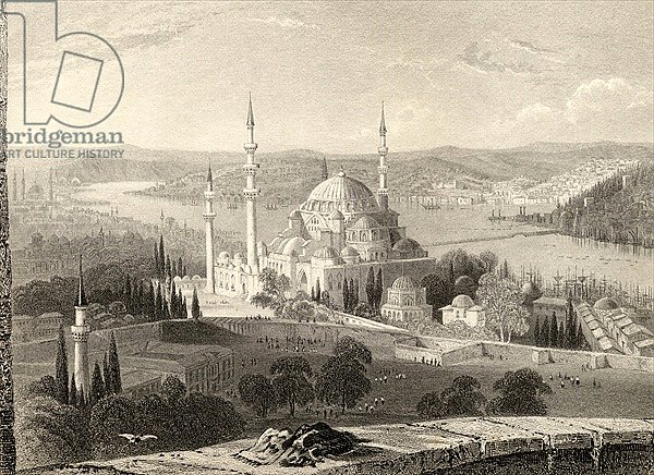 Mosque and Tomb of Sulieman, from the Seraskier's Tower, Istanbul, Turkey, engraved by H. Adlard