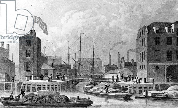 Entrance to the Regent's Canal, Limehouse, engraved by F. J. Havell, 1828