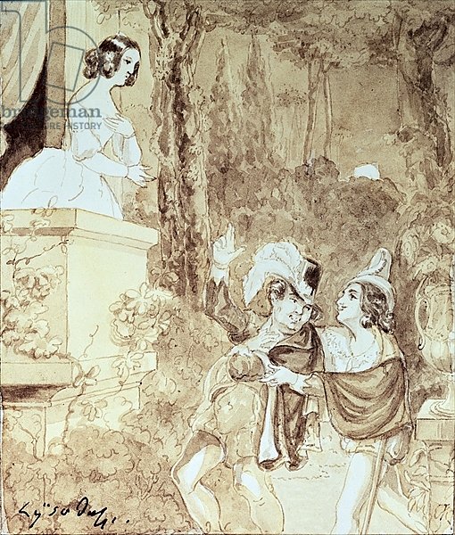 Leporello serenading Elvira in the guise of Don Giovanni who stands behind him