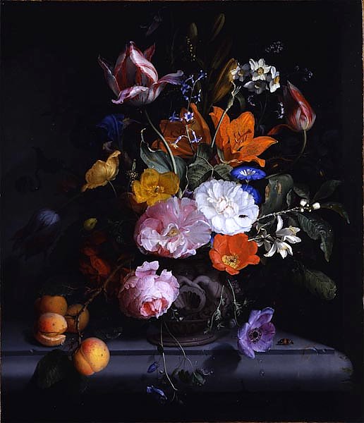 Натюрморт с цветами и веткой персиков