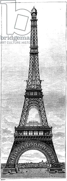 The Eiffel Tower, 300 meter high tower for the 1889 World Exhibition, in Paris, by engineer and industrial Gustave Eiffel. Engraving in “” La Nature. Revue des sciences et de ses applications aux arts et à l'industrie.” 1884.