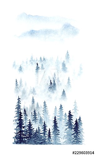 Акварельный зимний пейзаж леса в тумане