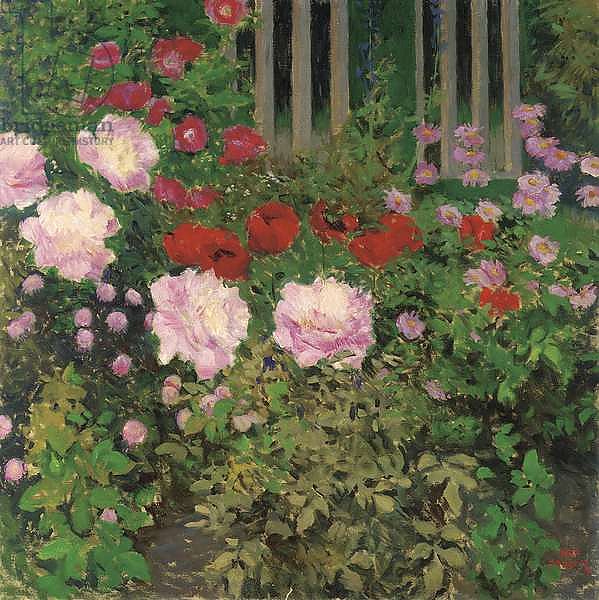 Flowers and Garden Fence;  Bluhende Blumen am Gartenzaun
