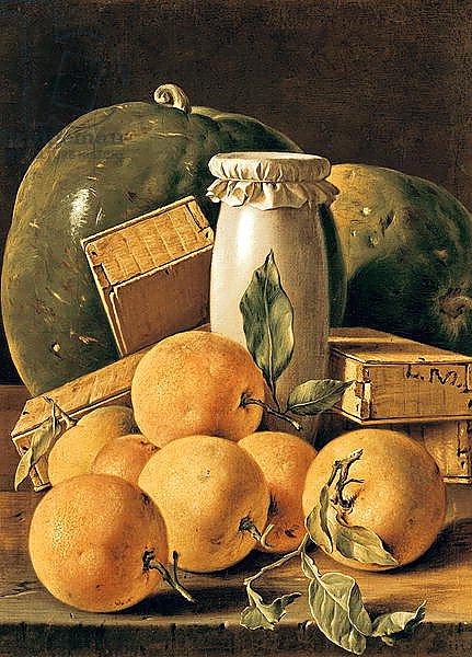 Still Life of Oranges, Watermelon, a Pot and Boxes of Cake