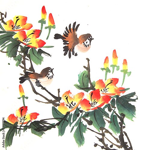 Китайские птички на цветущем кусте