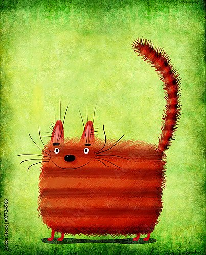 Красная квадратная кошка на зеленом фоне