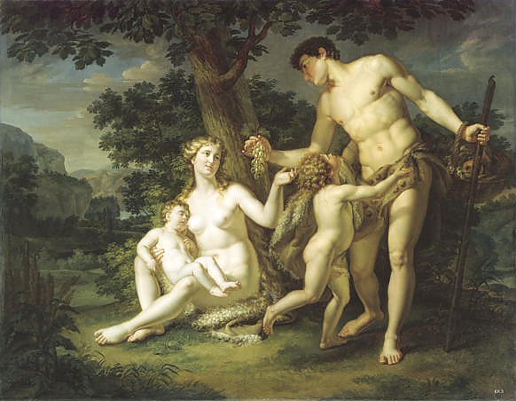 Адам и Ева с детьми под деревом.
