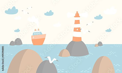 Маяк и пароход в море