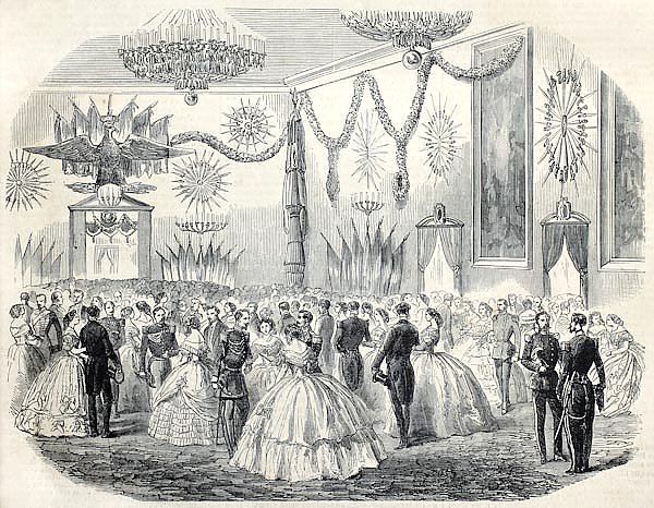 French army ball at Cremona's city hall, Italy. Original, from drawing of Janet-Lange, published on 