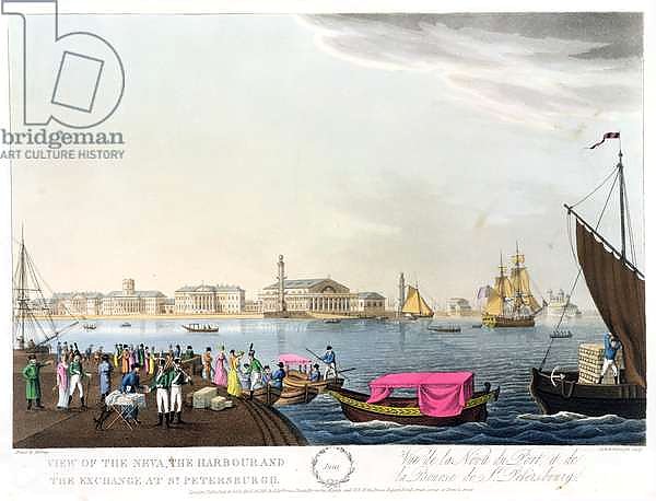 View of the Neva, the Harbour and the Exchange at St. Petersburg, illustration for June from 'A Year in St. Petersburg' etched by John H. Clark, coloured by M. Dubourg, pub. 1815 in London by Edward Orme