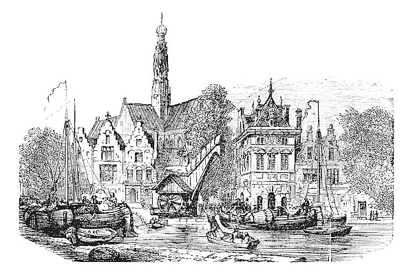 Grain market and Saint-Bavochurch docks, in Haarlem,  Netherlands vintage engraving.