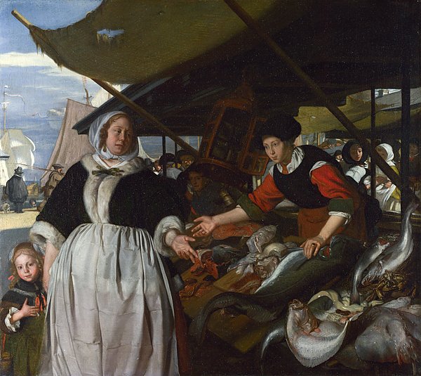 Адриана ван Хьюсден с дочерью на рыбном рынке