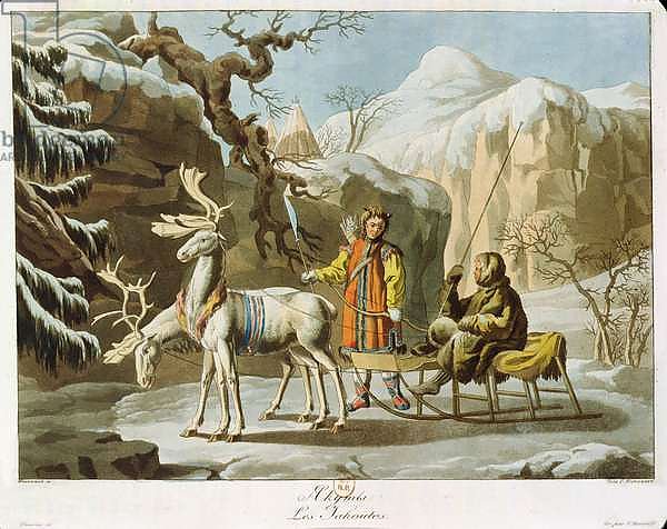 Yakuts of central Siberia in winter landscape, clad in furs and with a reindeer sledge, published 1813