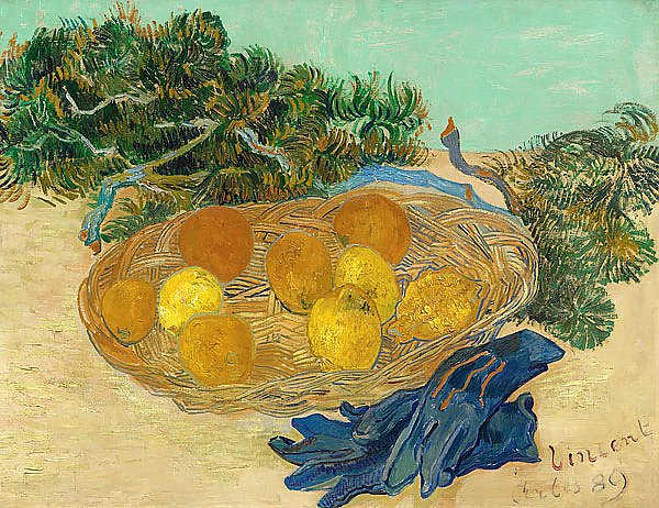 Натюрморт с апельсинами, лимонами и синими перчатками