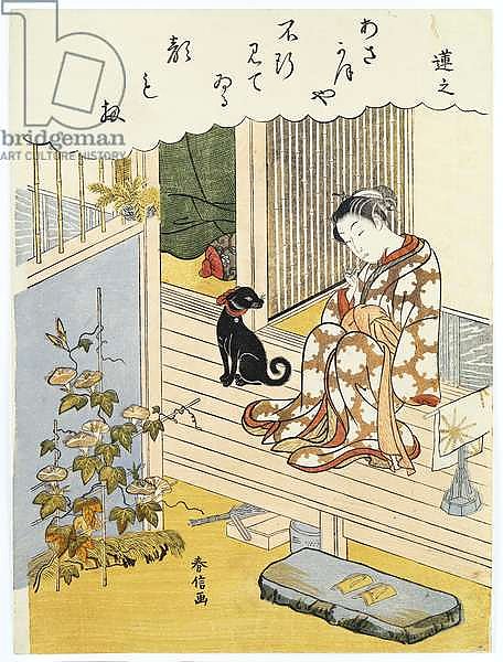 A courtesan seated on a verandah brushing her teeth and pensively looking at flowering morning glory