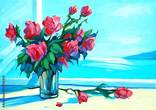 Свежие розы на подоконнике и бирюзовое море