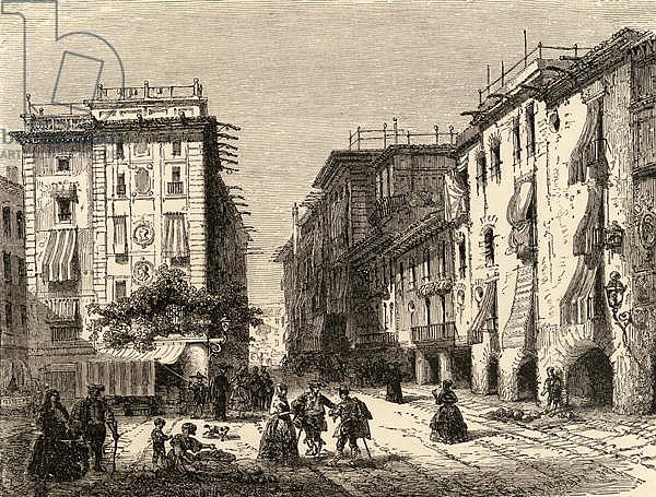 Street in Barcelona, illustration from 'Spanish Pictures' by the Rev. Samuel Manning