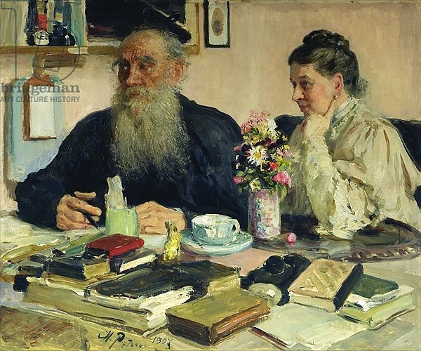 Leo Tolstoy with his wife in Yasnaya Polyana, 1907