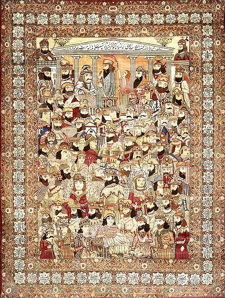 An antique Kirman Masha'ir carpet, depicting the massed ranks of Persian kings from Gayumars to Sassanians,