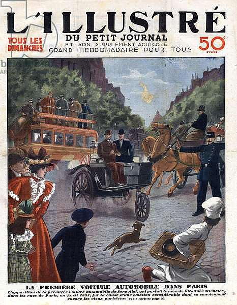First car in Paris, April 1891: Appearance of the first car of Serpollet that bore the name “Miracle Car”” in the streets of Paris in April 1891. A policeman rules traffic between omnibus, carriage and motor vehicle. Front page engraving of “” L'illustrio