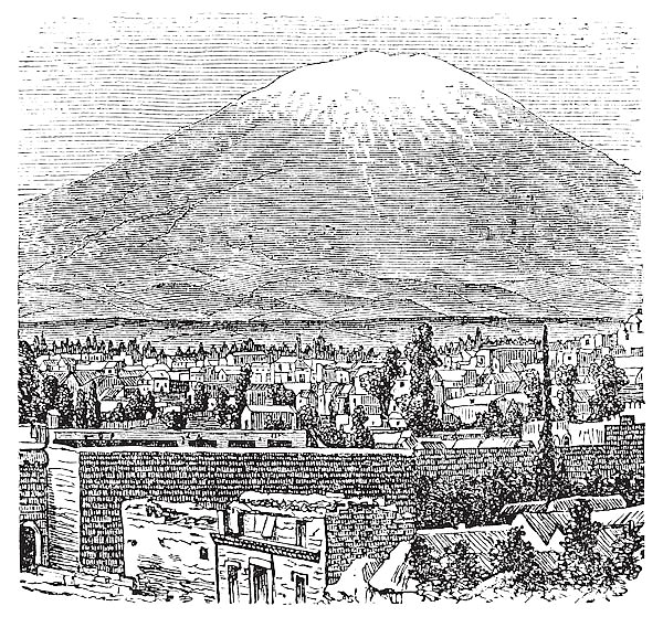 Arequipa and the Misti volcano old engraving, in 1890.