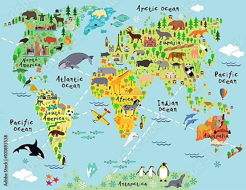 Детская карта мира с животными №9
