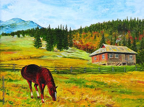 Лошадь возле дома в горах