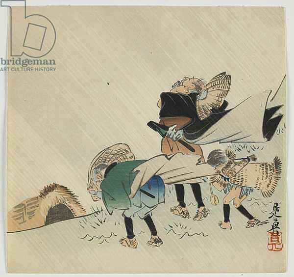 Three travelers caught in the wind, Meiji era, late 19th century