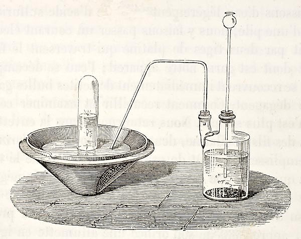 Laboratory equipment for water decomposition by zinc and sulfuric acid. Original, from drawing of Ja