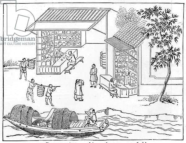 Porcelain shops and boats for transport of china, from a series of illustrations on the manufacture of china