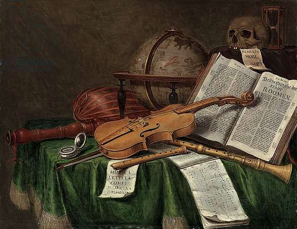 Vanitas still life with an astrological globe, a violin, a skull, an hourglass, an open book, a score, a watch, a lute and other musical instruments on a draped table, 1680s