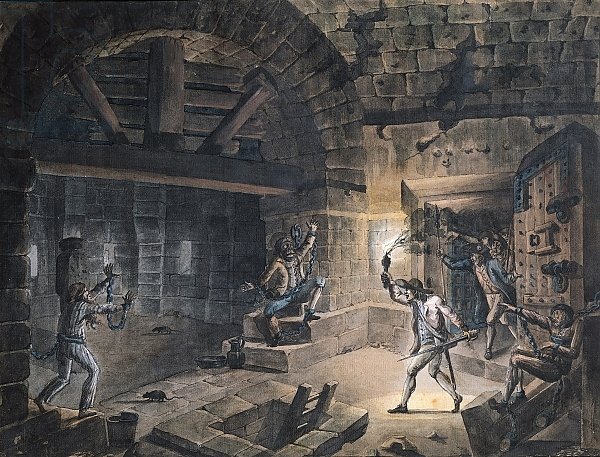 View of a cell in the Bastille at the moment of releasing prisoners on 14th July, 1789