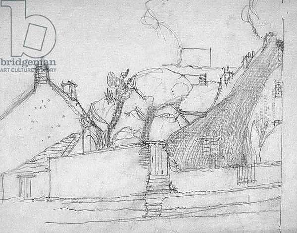 Sketch of English Village with Thatched Roof in Foreground, c.1920