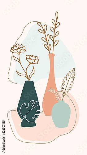 Композиция с листьями растений и цветов и абстрактными вазами 1