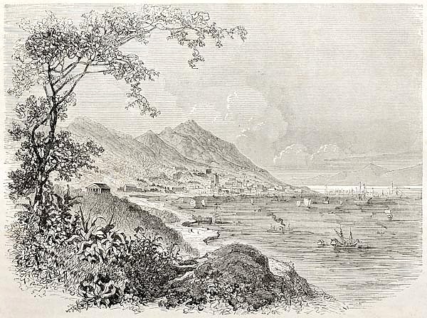 Old view of Hong-Kong. Created by Sabatier after watercolour of Trevise, published on Le Tour du Mon