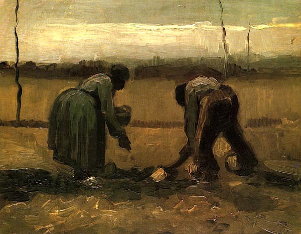 Крестьянин и крестьянка сажающие картофель