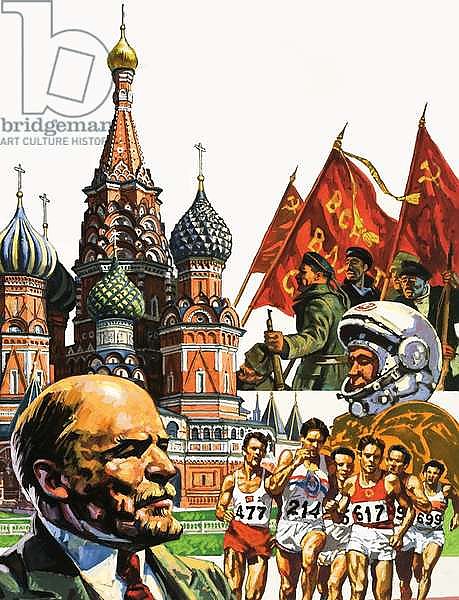 Montage of Russia including the Cathedral of St Basil the Beatified and portrait of Lenin