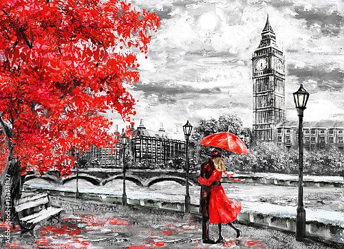 Мужчина и женщина под красным зонтиком в Лондоне