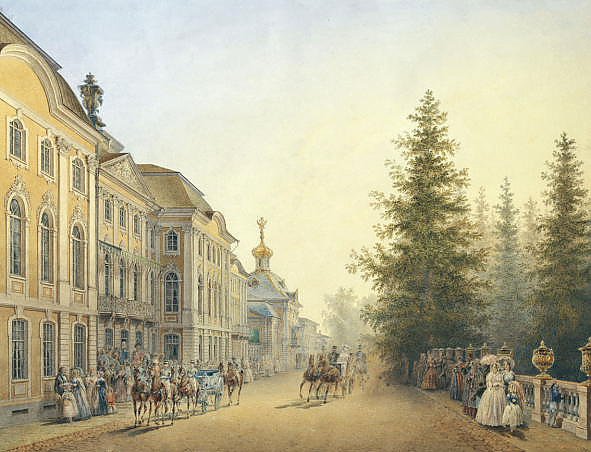 Придворный выезд от главного подъезда Большого дворца в Петергофе. 1852