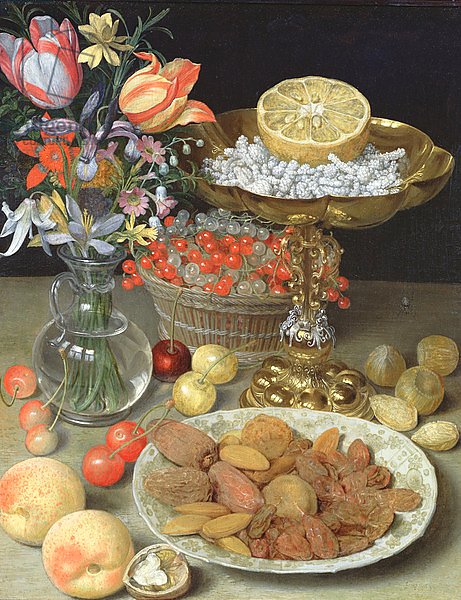 Still life with flowers and dessert