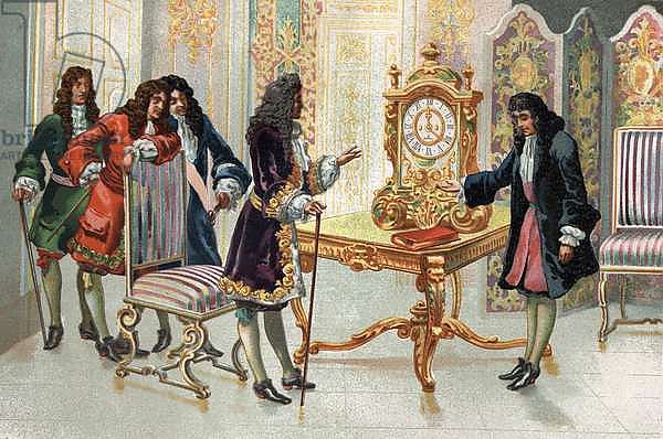 Christiaan Huygens, Dutch mathematician and astronomer, presenting his clock to Louis XIV.