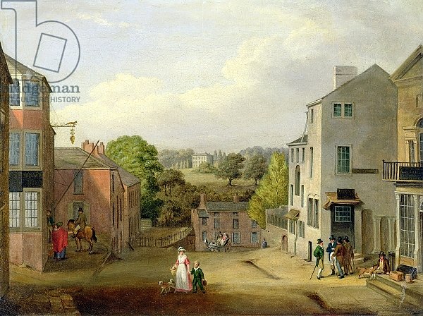 Street Scene in Chorley, Lancashire, with a View of Chorley Hall, c.1790-1817