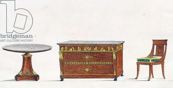Mahogany table, chest of drawers and chair, plate 241, illustration from Collection de meubles et objects de gout, 1819, by Pierre-Antoine Leboux de La Mesangere