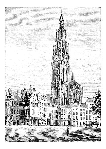 Cathedral of Our Lady, in Antwerp, Belgium, vintage engraving.