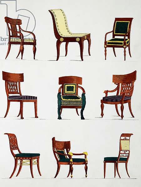 Armchairs and chairs, Consulate era, Illustration from Collection de meubles et objects de gout, 1872, By Pierre-Antoine Leboux de La Mesangere, France