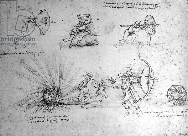 Study with Shields for Foot Soldiers and an Exploding Bomb, c.1485-88