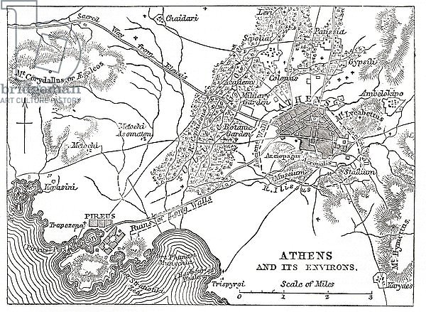 Map of Athens and Piraeus, Greece, mid 19th century