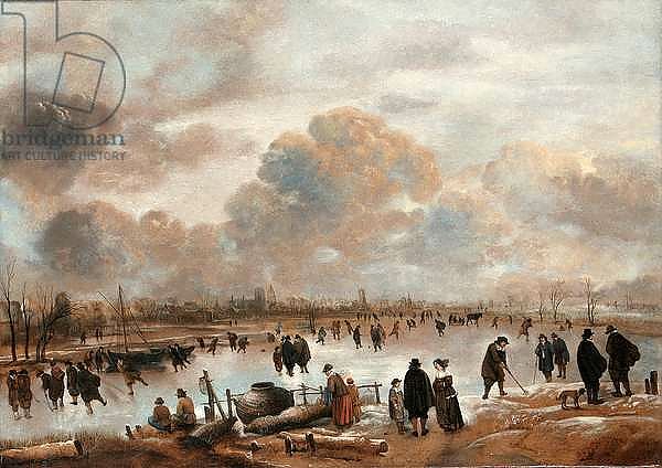A Winter Landscape with Skaters and Townsfolk on a Frozen Waterway