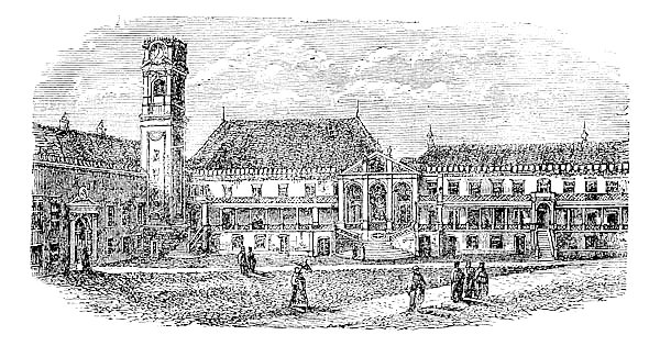 University of Coimbra, in Coimbra, Portugal, vintage engraving