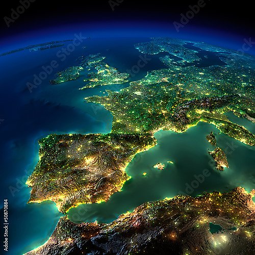 Ночная Земля. Испания, Португалия, Франция.